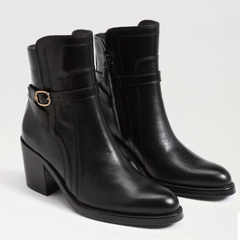 Sam Edelman Simona Black Leather Ankle Boots with Buckle Strap
